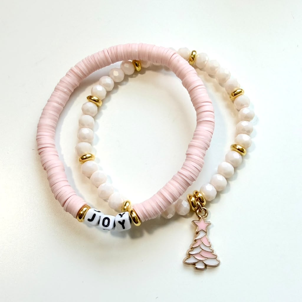 Pink Christmas Joy Bracelet Stack - Set of 2