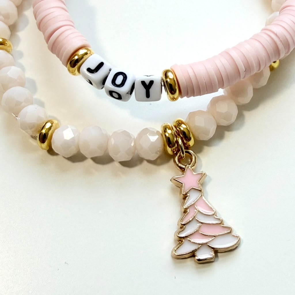 Pink Christmas Joy Bracelet Stack - Set of 2